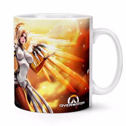 Mug Overwatch de face représentant Ange Mercy avec ça réplique légendaire. Les Héros ne meurent jamais !